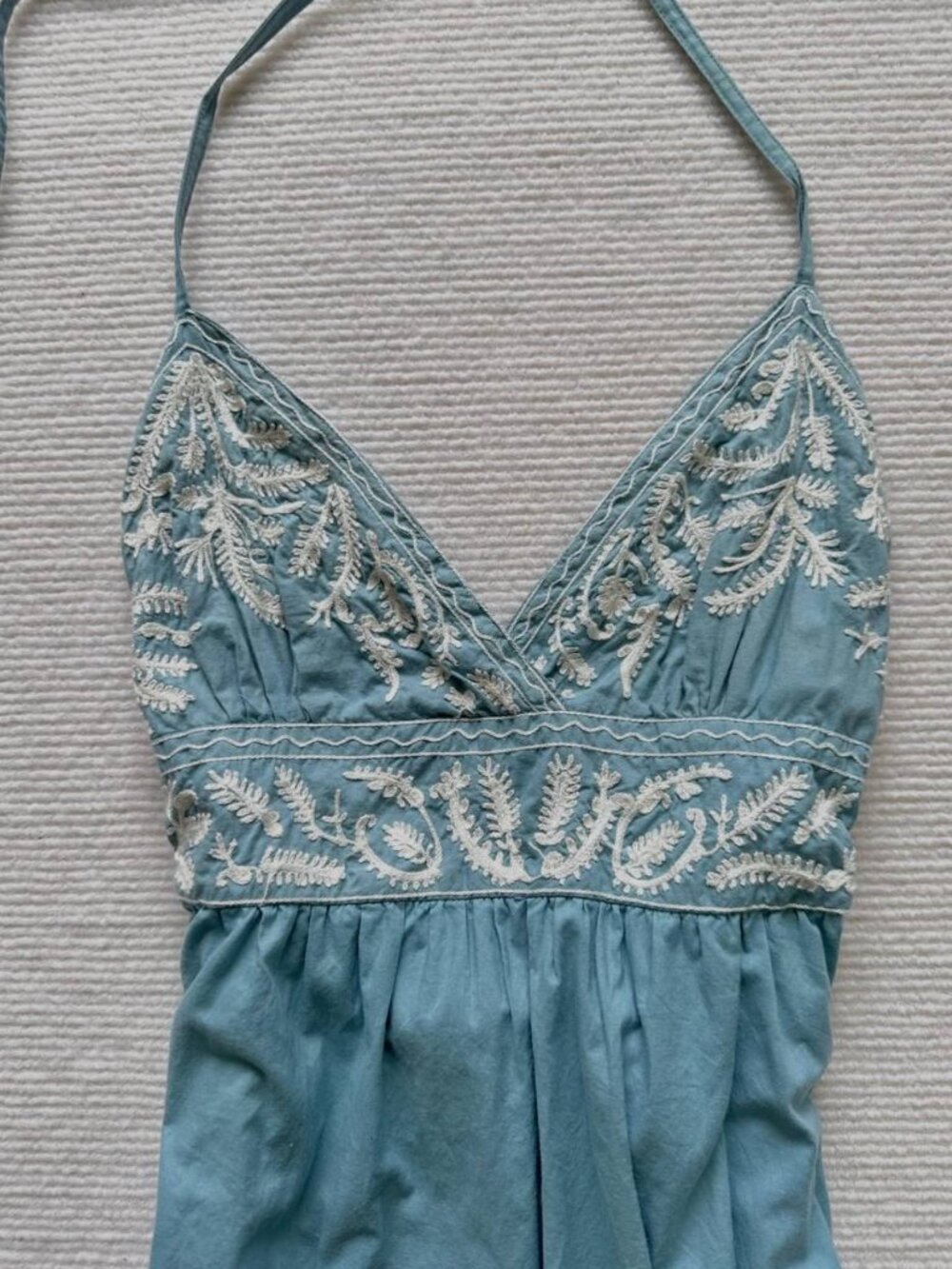 Vintage Teal Blue Embroidered Halter Maxi Dress Floral Boho Summer Beach Dress - Picture 2 of 6